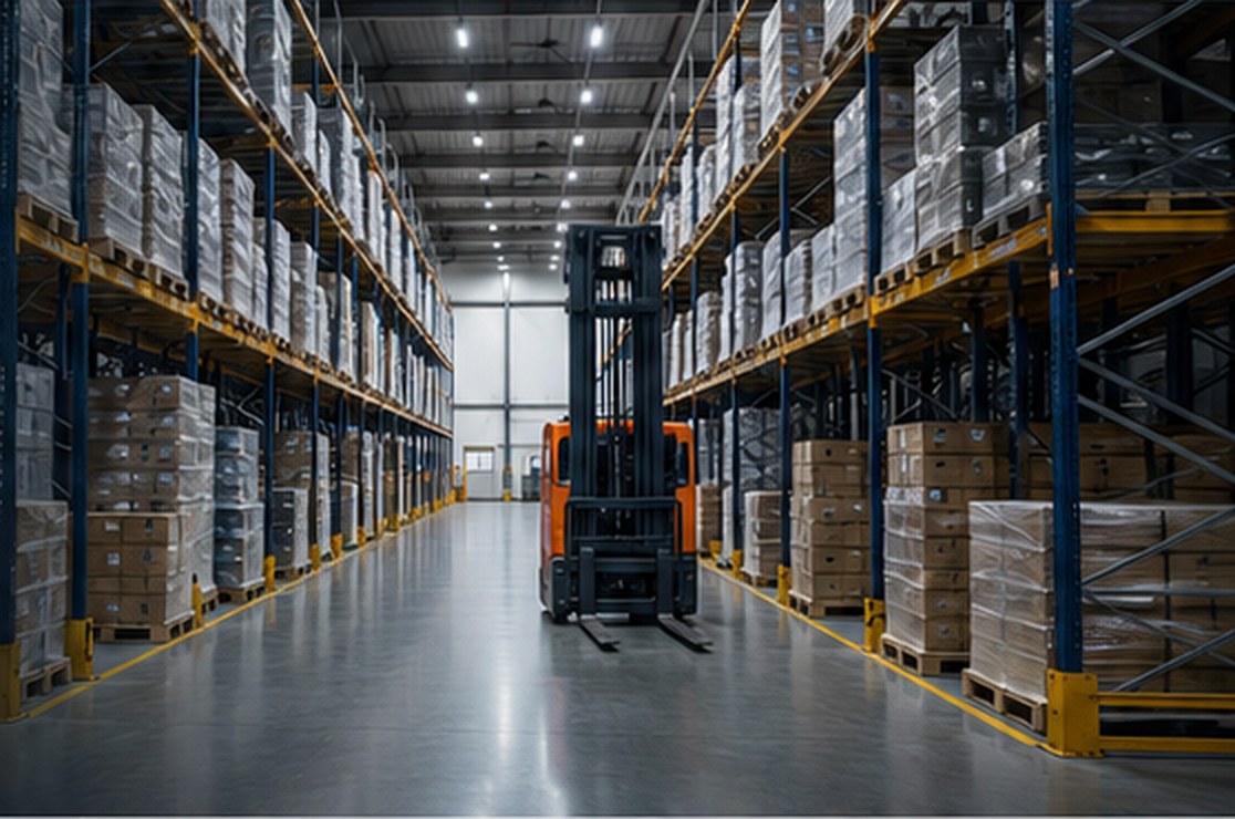 Magazijn met palletstellingen en heftruck