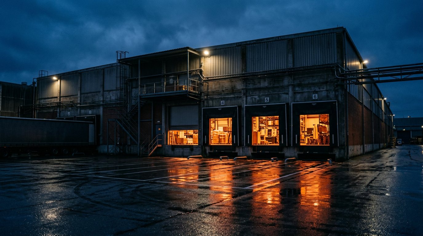 Magazijn met verlichte dockdeuren in het blauwe uur